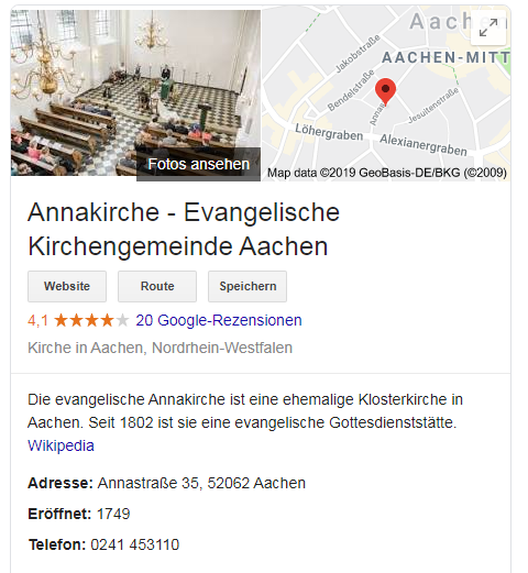 Annakirche in Aachen auf Google nach Datenkonsolidierung