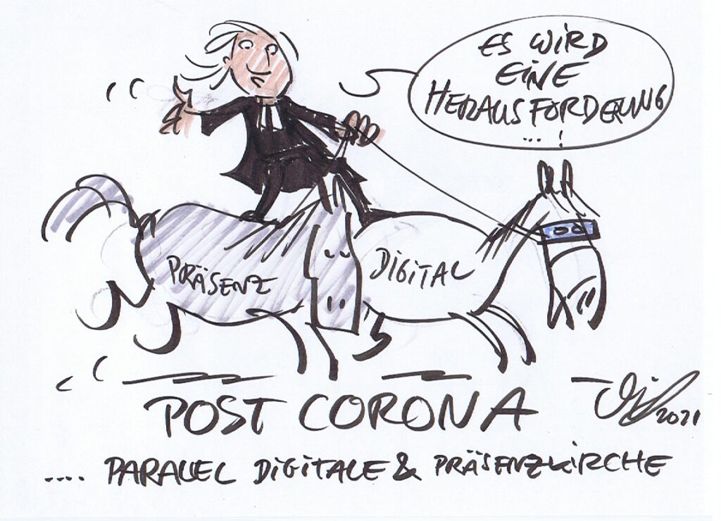 Post-Corona-Kirche (Cartoon von Michael Hüter)